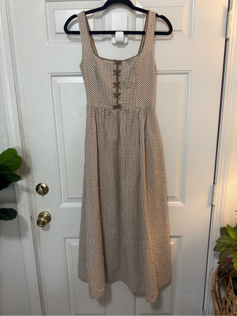 Caroline Constas Cotton Smocked Back Brown Plaid Dress Size XS
